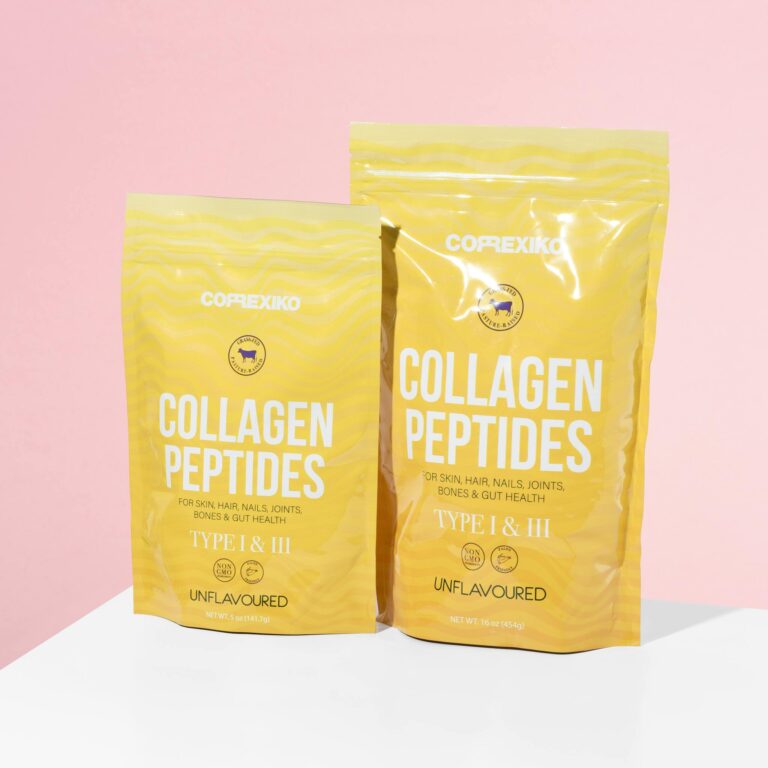 Bright product shot of collagen peptide supplements with pink background.
