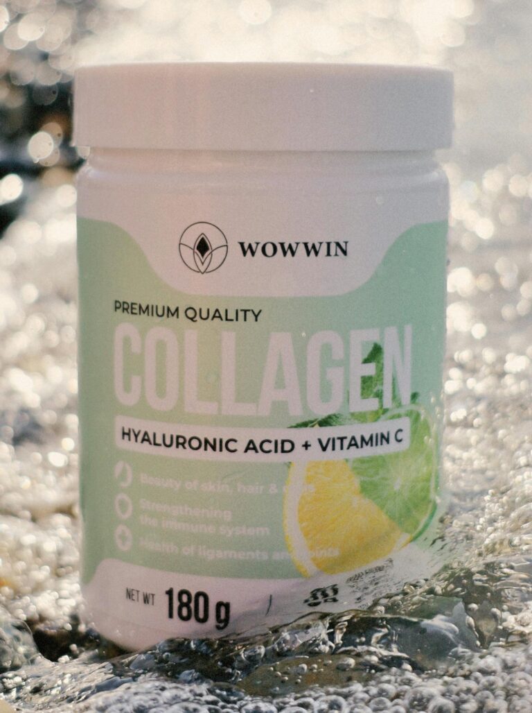 Collagen supplement bottle with citrus accents, enhancing beauty and health.